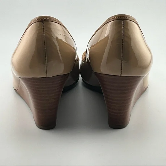 Tory Burch Louisa 7.5 Wedge Wrapped Heels Tan Brown Patent Leather Pump Shoes - Picture 2 of 14